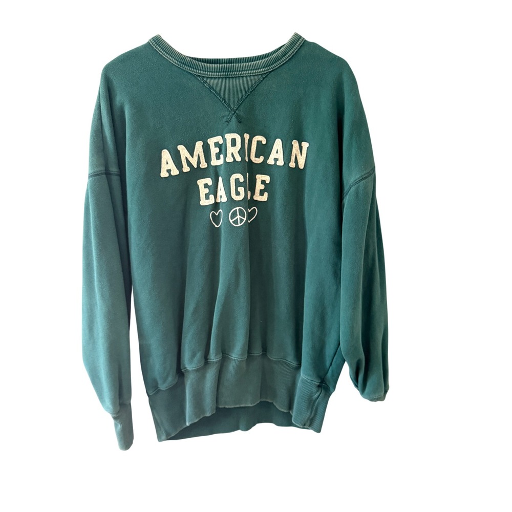American Eagle Teal Green Oversized Graphic‎ Sweatshirt Peace Hearts XS Comfort
